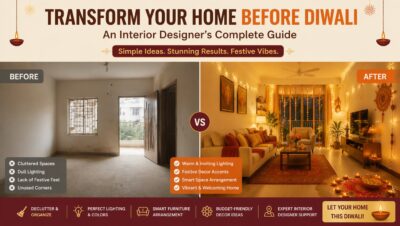 Before and after living room makeover for Diwali by Ink Design Studio, Thane
