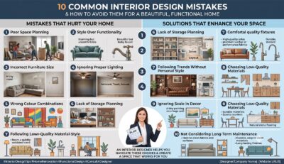 Infographic contrasting ten common interior design mistakes with the fixes that improve a home's layout, storage, lighting and material choices