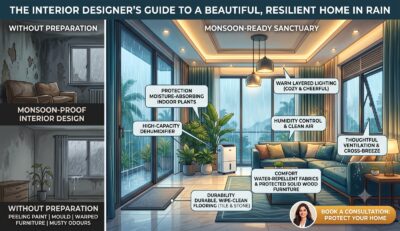 Infographic contrasting an unprepared home with a monsoon-ready interior - waterproofing, moisture-resistant materials, water-repellent fabrics and cross ventilation