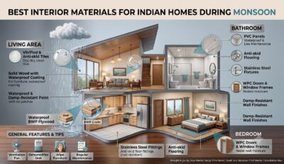 Infographic on interior materials for Indian homes in the monsoon - PVC panels, anti-skid tiles, WPC doors and waterproof finishes shown across bathroom, kitchen and bedroom