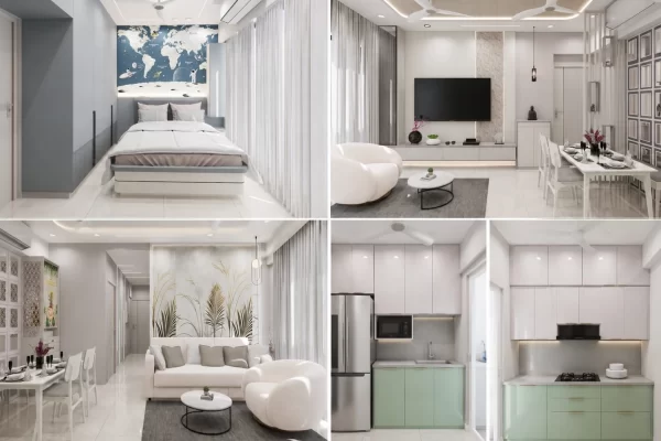 Interiors of a 2 BHK home at Piramal Revanta, Mulund - bedroom, living room and sage-green modular kitchen