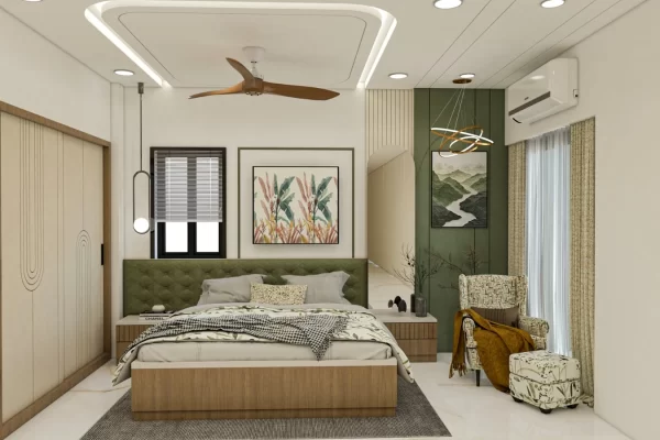 Bedroom of a 2 BHK home at Empress Park, Thane - wooden headboard wall, fitted wardrobe and cove ceiling lighting