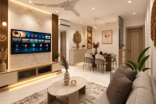 Living room of a 2 BHK home in Hiranandani, Powai - backlit wooden TV panelling, beige sectional sofa and open dining beyond