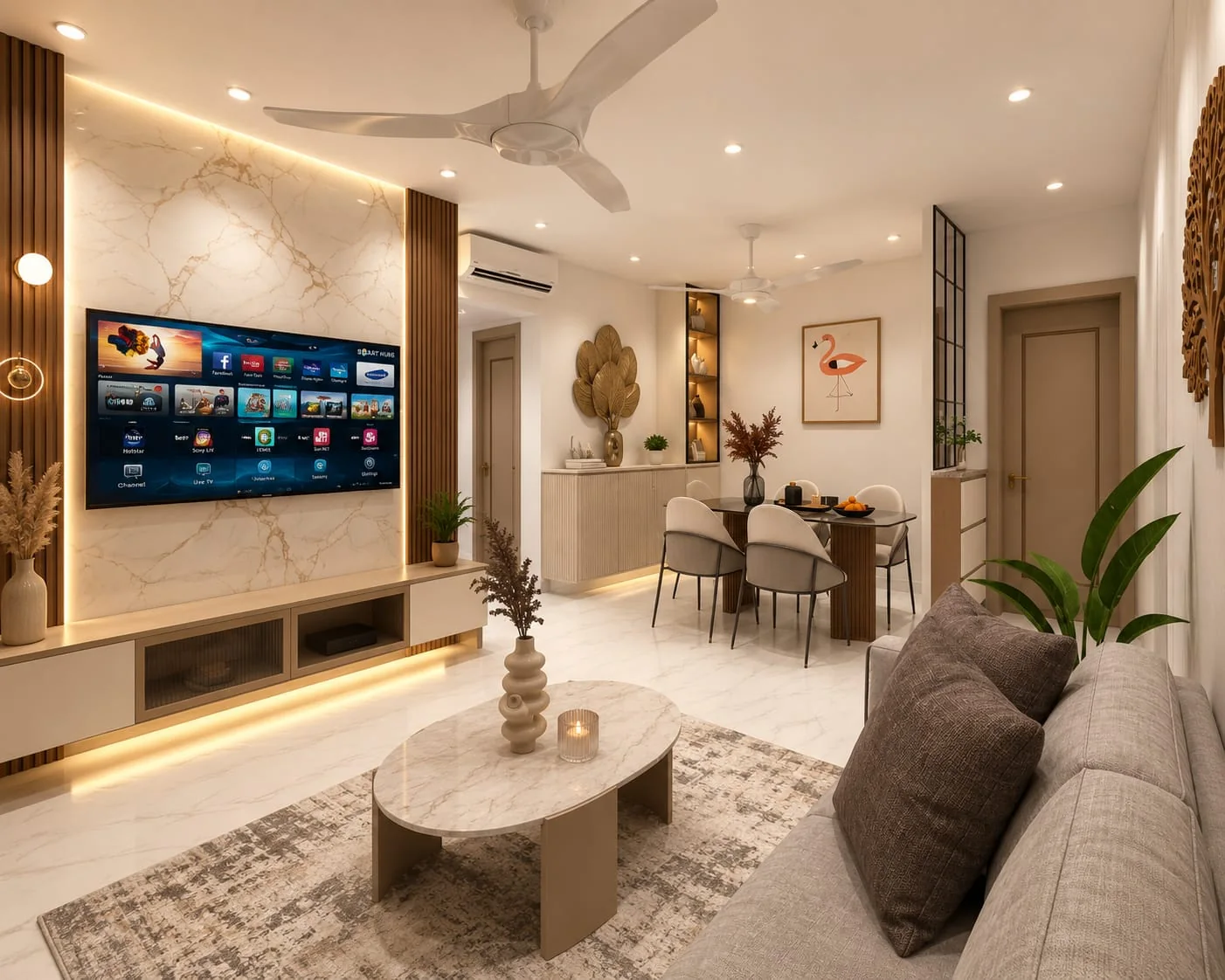 Living room with backlit stone television wall and dining area
