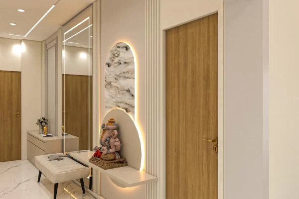 Pooja unit in a 3 BHK home at Lodha Bellissimo, South Mumbai - arched backlit niche framed in wooden panelling