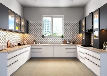 U-shaped white modular kitchen with a patterned tile backsplash and a window above the sink