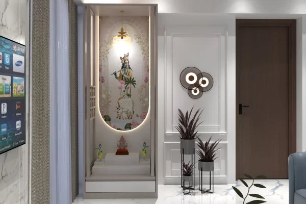 Entrance foyer of a 2 BHK home at Raymond TenX, Thane - arched backlit display niche beside a wall-mounted TV unit