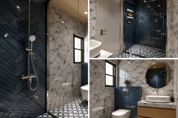 Bathrooms in a 3 BHK home at Tata Glendale, Thane - deep blue tiling, patterned floors and marble vanity counters