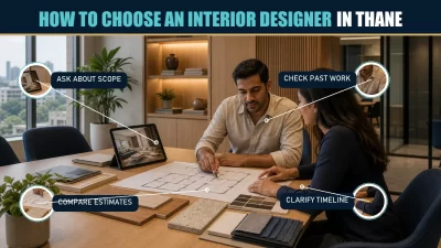 Homeowner consulting an interior designer in Thane about scope, portfolio, estimates and timeline
