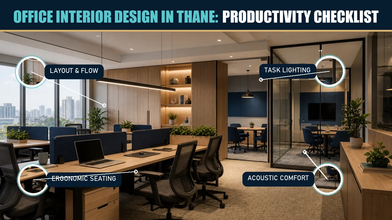 Office interior design in Thane with productive layout, task lighting and ergonomic workstations
