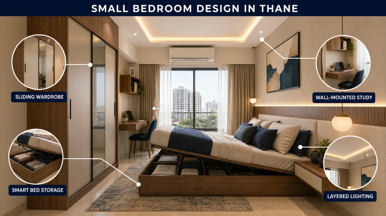 Small bedroom interior design in Thane with sliding wardrobe, smart bed storage, study ledge and layered lighting
