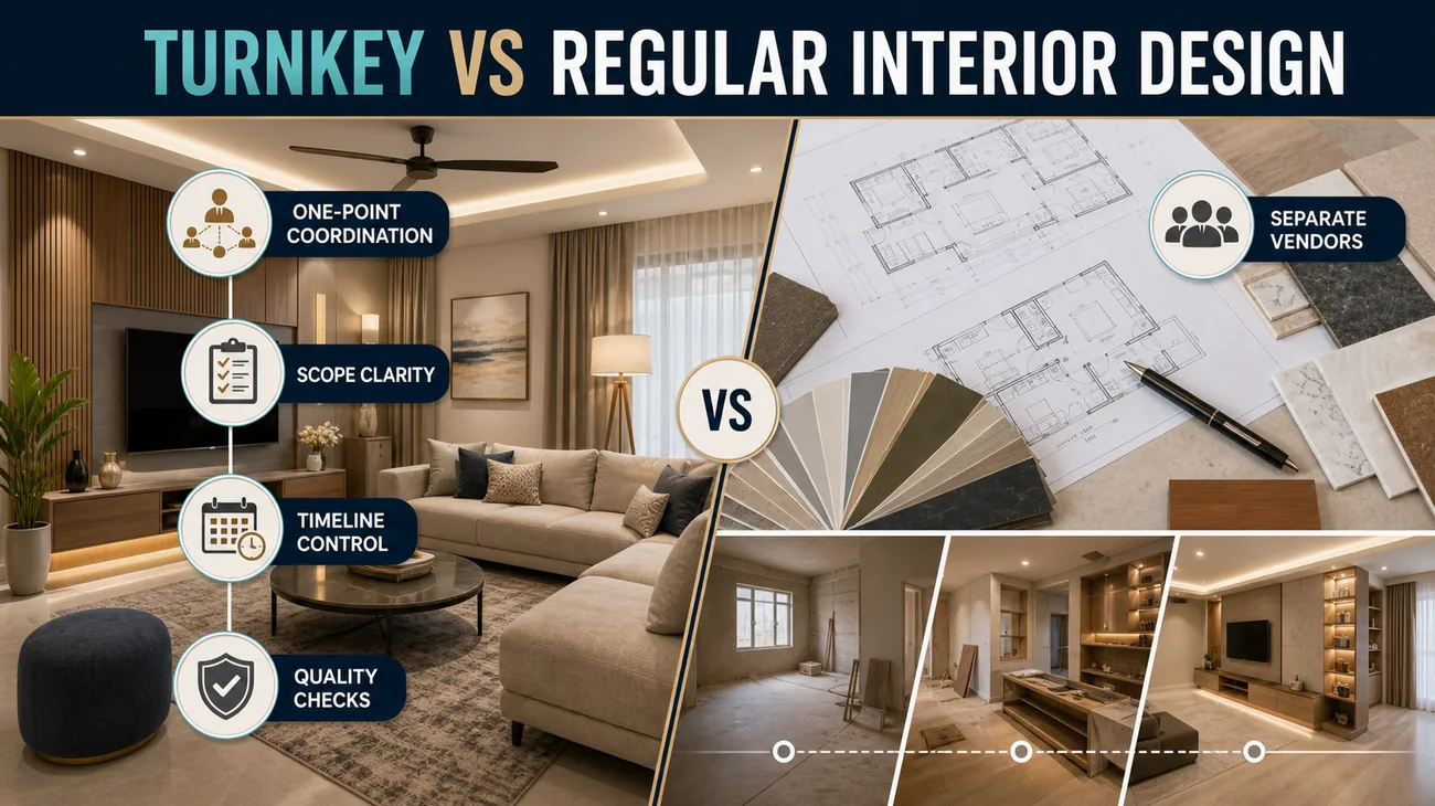 Interior material samples and drawings beside a completed living room